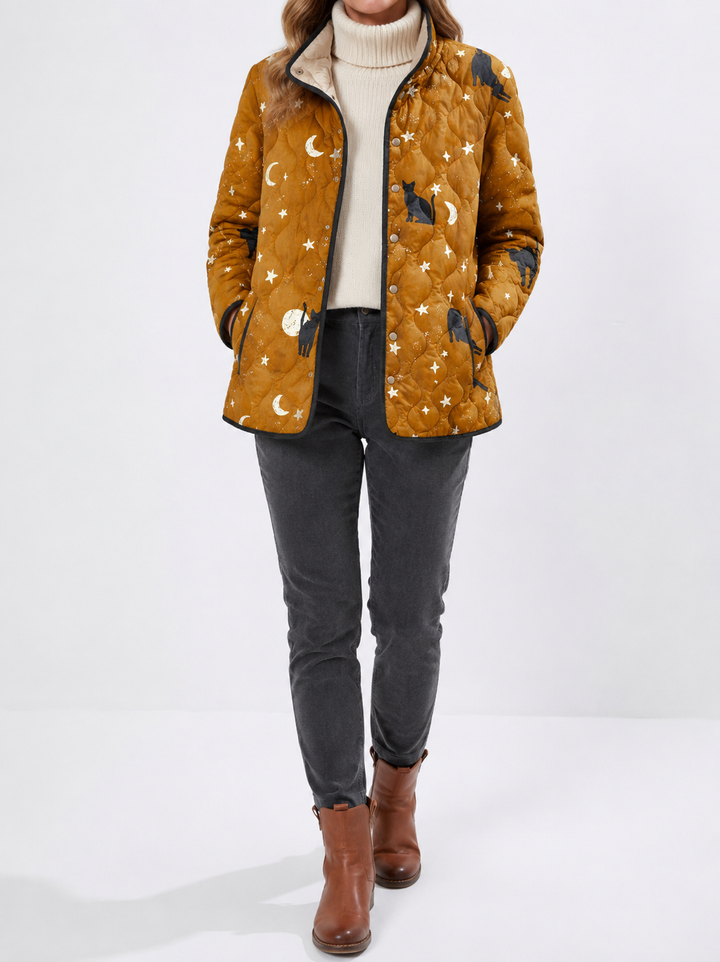 EIRA | Black Quilted Jacket with Cat Pattern